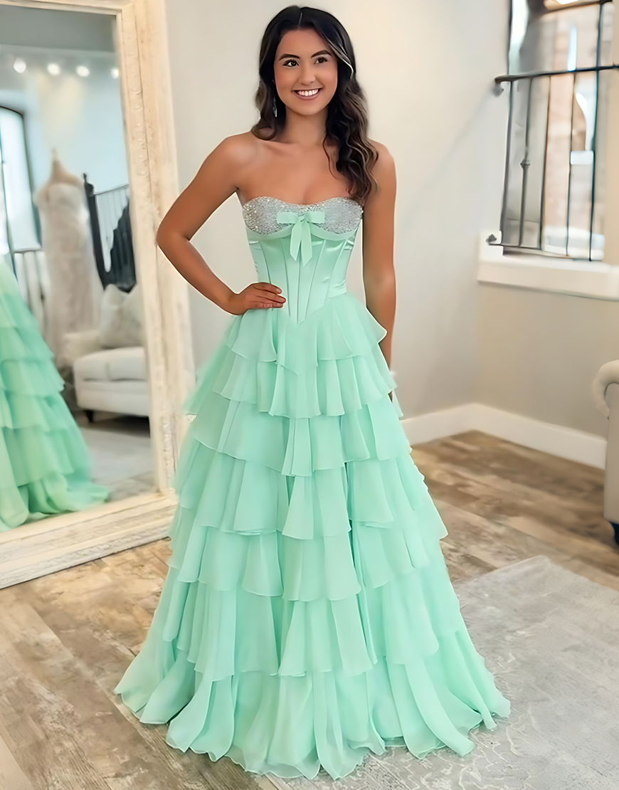 Sparkly Mint Corset Ruffled Long Sequins Tiered Prom Dress with Slit