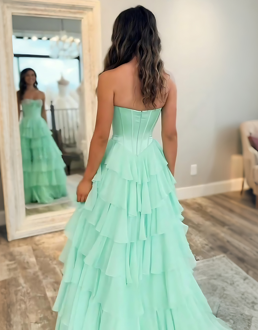 Sparkly Mint Corset Ruffled Long Sequins Tiered Prom Dress with Slit