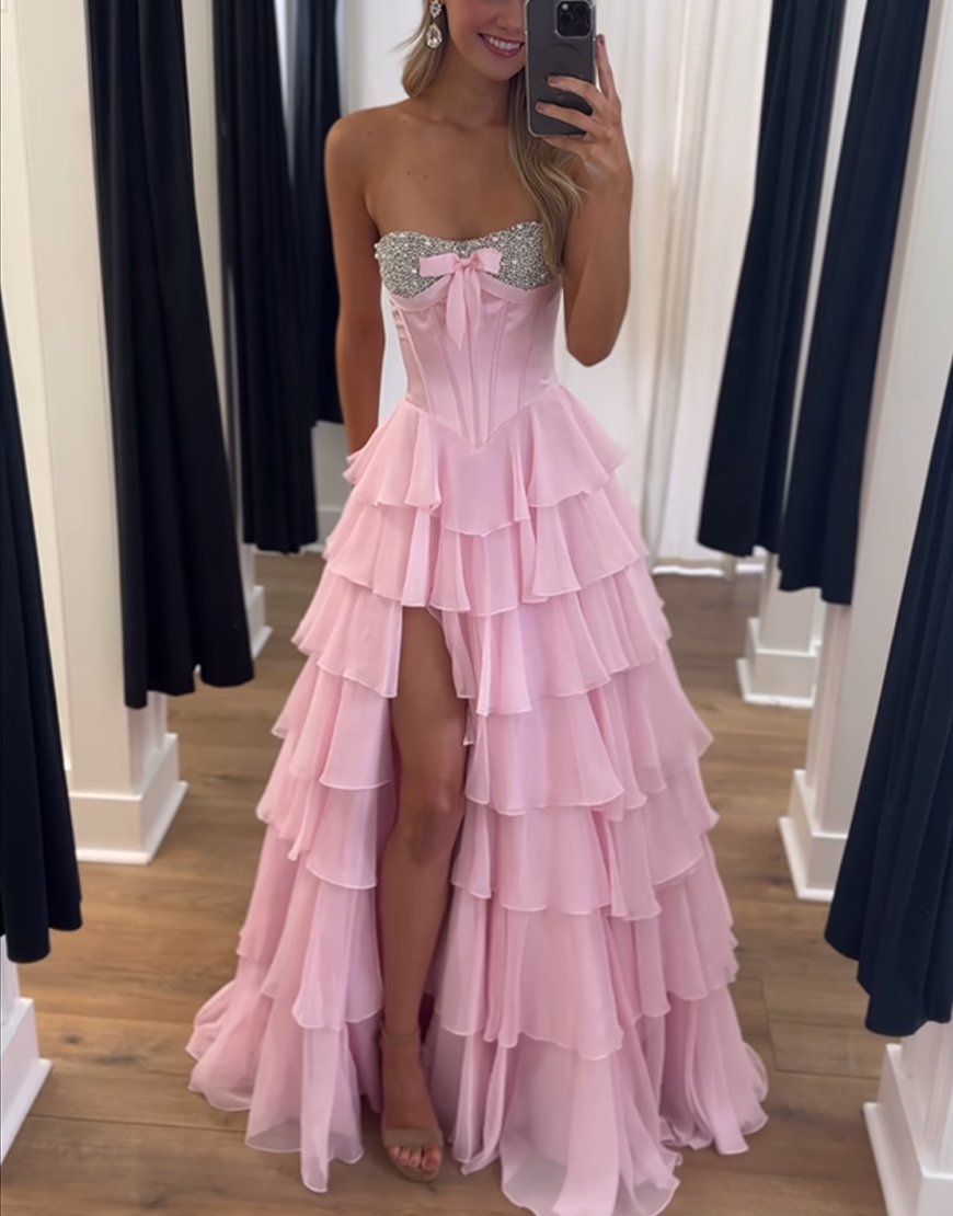 Sparkly Mint Corset Ruffled Long Sequins Tiered Prom Dress with Slit