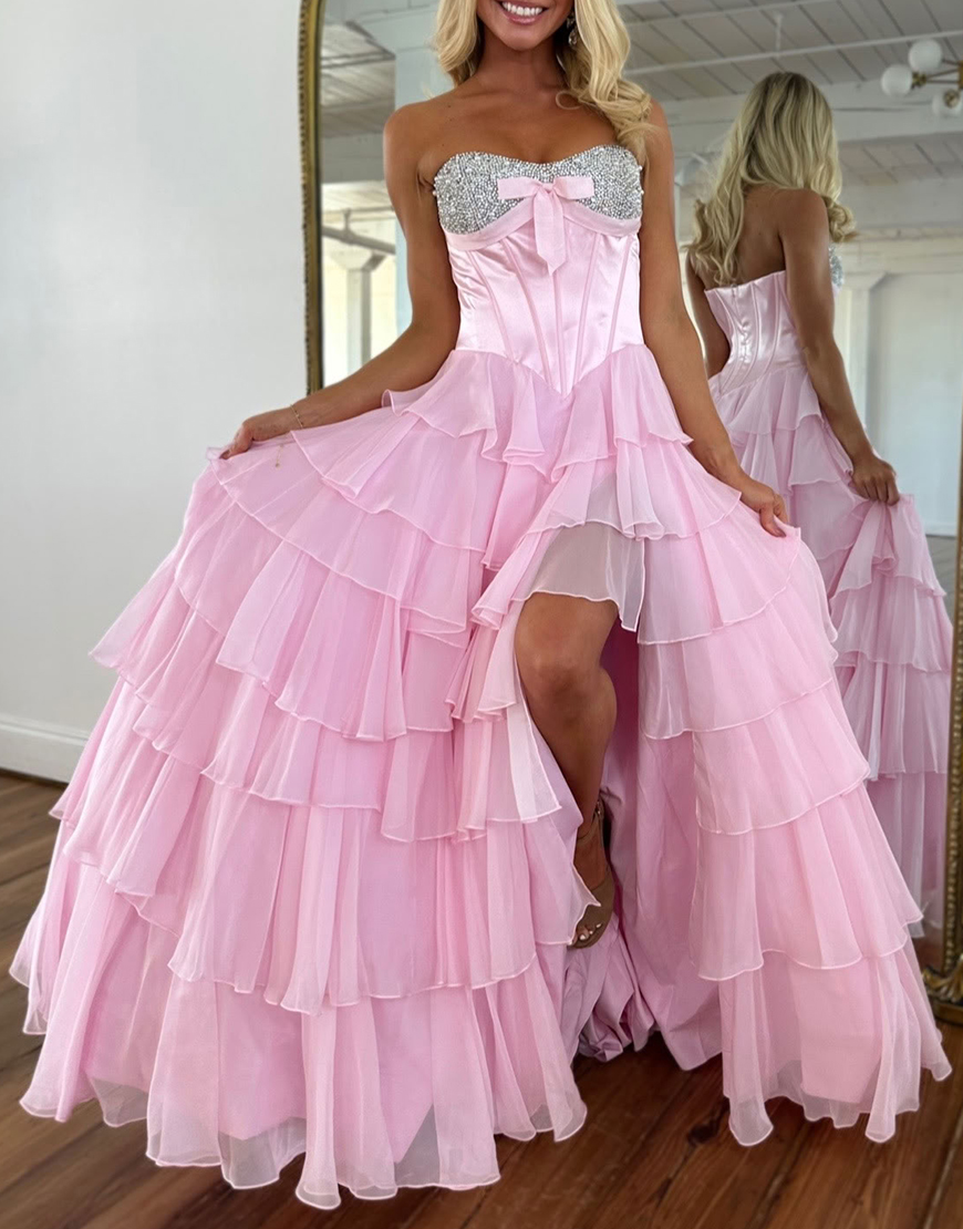 Sparkly Mint Corset Ruffled Long Sequins Tiered Prom Dress with Slit