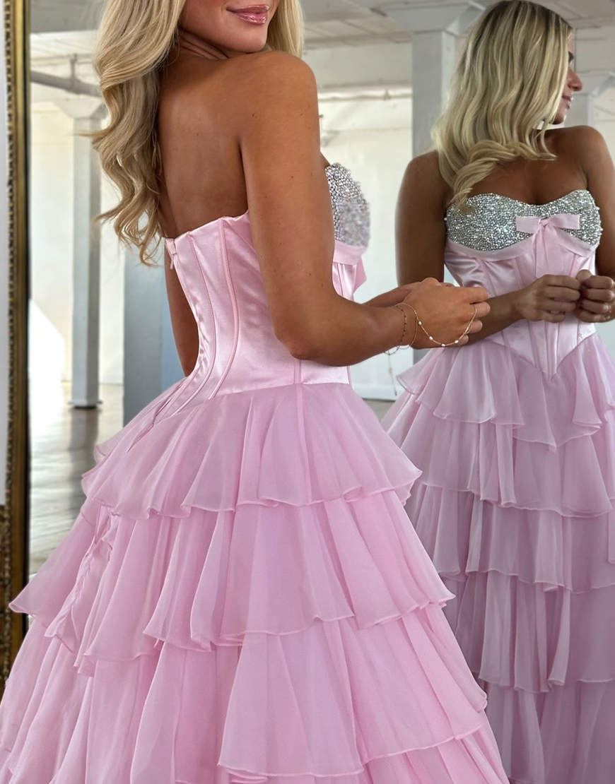 Sparkly Mint Corset Ruffled Long Sequins Tiered Prom Dress with Slit