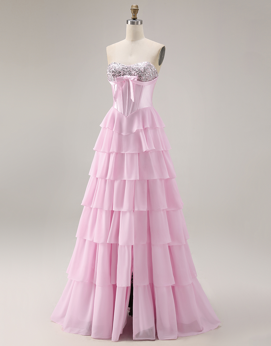 Sparkly Pink Corset Tiered Sequin Ruffled Long Prom Dress with Bow