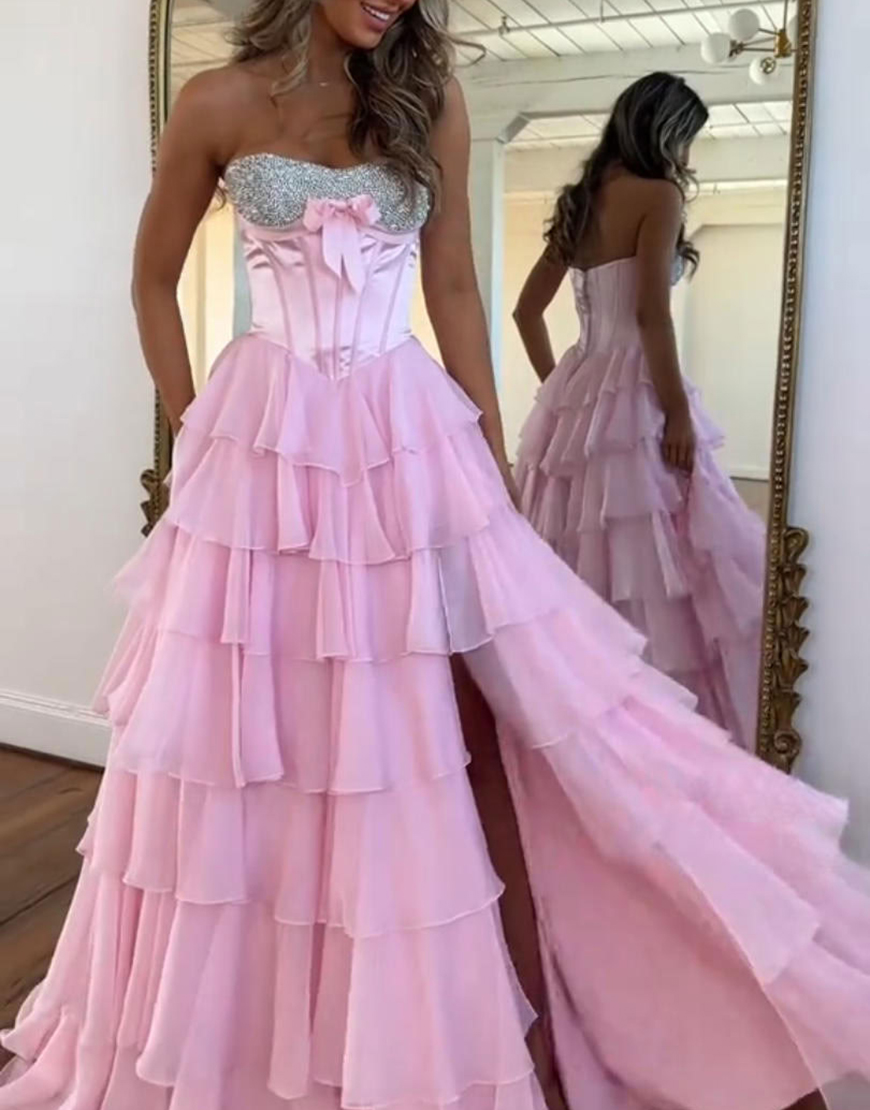 Sparkly Mint Corset Ruffled Long Sequins Tiered Prom Dress with Slit