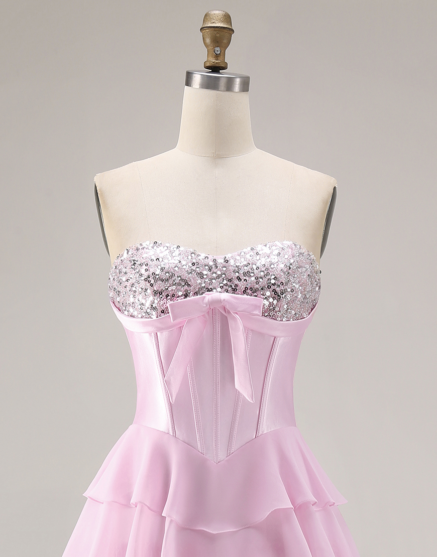 Sparkly Pink Corset Tiered Sequin Ruffled Long Prom Dress with Bow