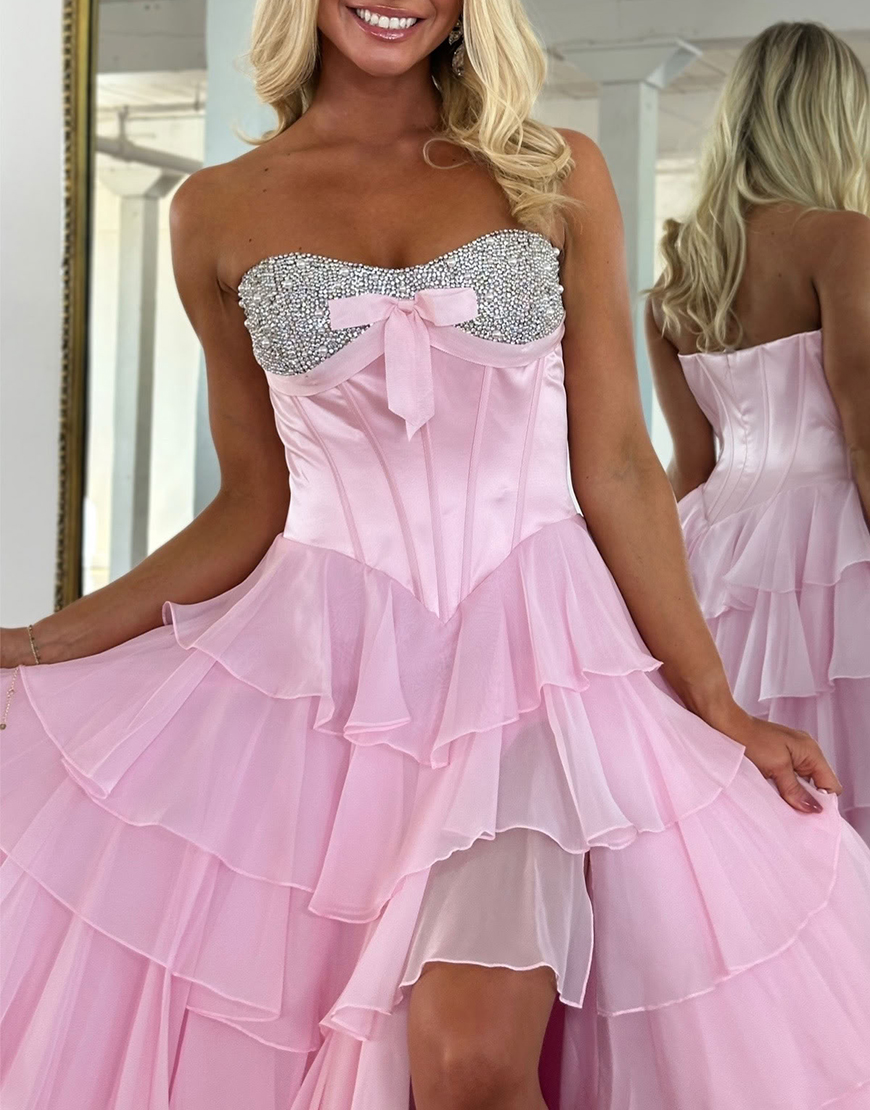 Sparkly Mint Corset Ruffled Long Sequins Tiered Prom Dress with Slit