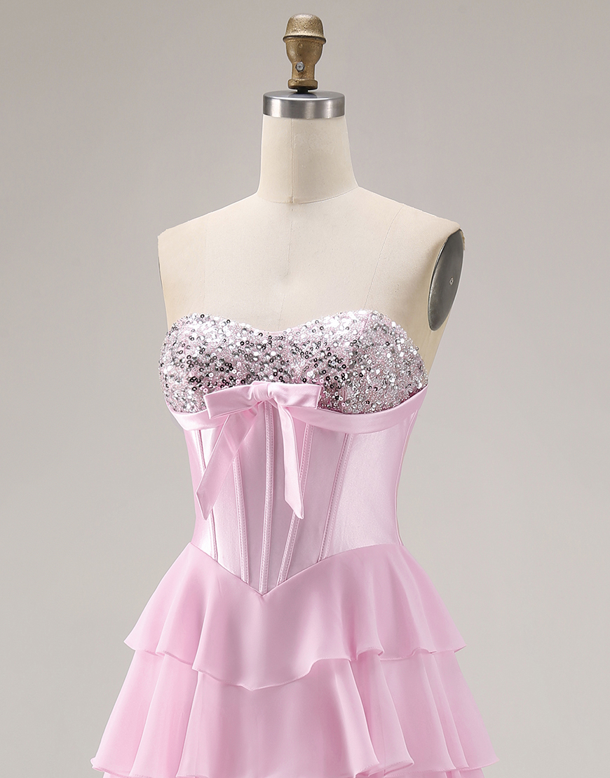Sparkly Pink Corset Tiered Sequin Ruffled Long Prom Dress with Bow