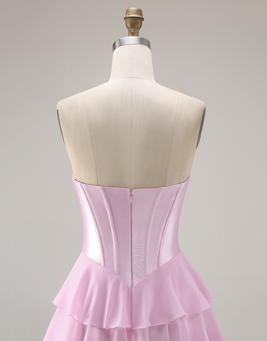 Sparkly Pink Corset Tiered Sequin Ruffled Long Prom Dress with Bow