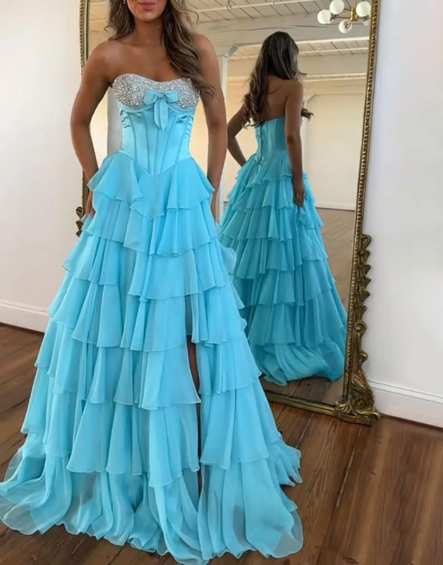 Sparkly Mint Corset Ruffled Long Sequins Tiered Prom Dress with Slit