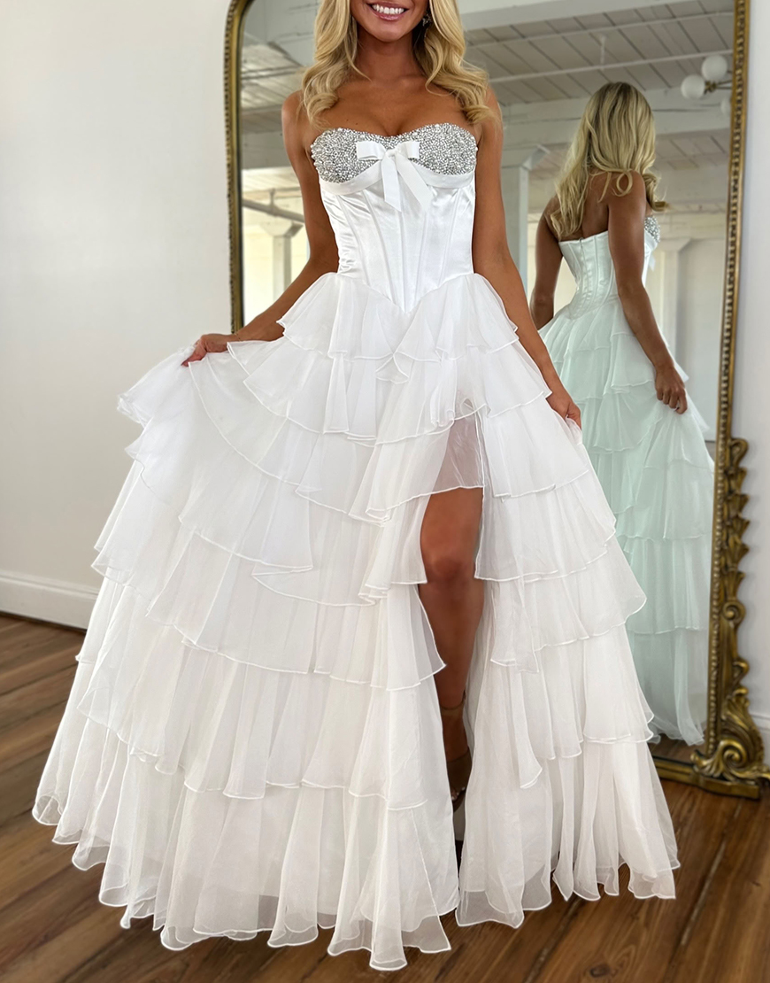 Sparkly Mint Corset Ruffled Long Sequins Tiered Prom Dress with Slit