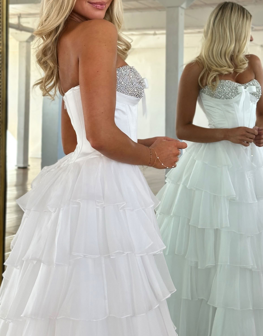 Sparkly Mint Corset Ruffled Long Sequins Tiered Prom Dress with Slit