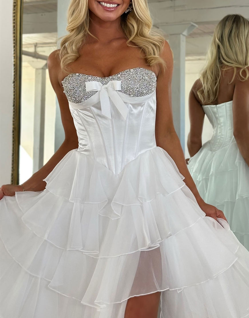 Sparkly Mint Corset Ruffled Long Sequins Tiered Prom Dress with Slit