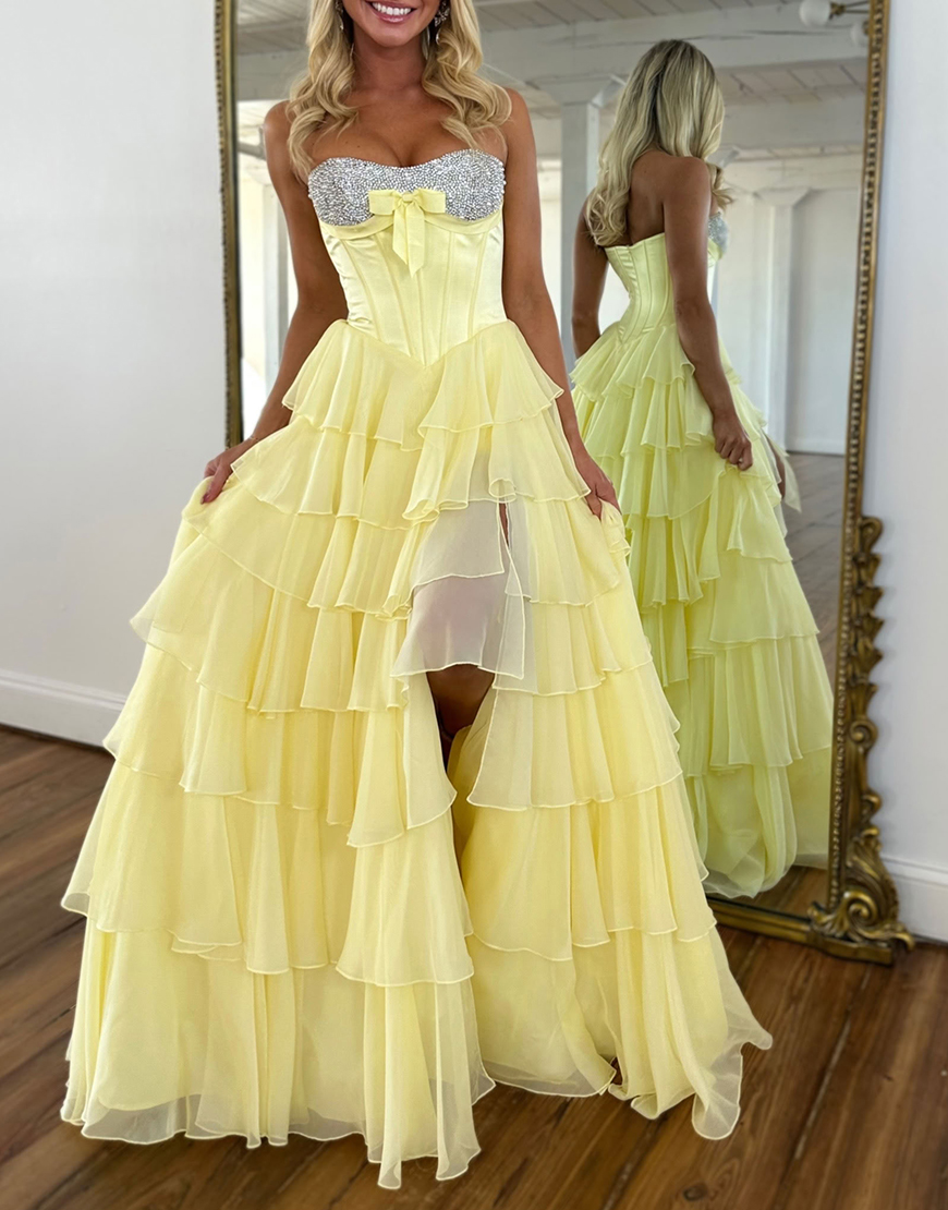 Sparkly Mint Corset Ruffled Long Sequins Tiered Prom Dress with Slit