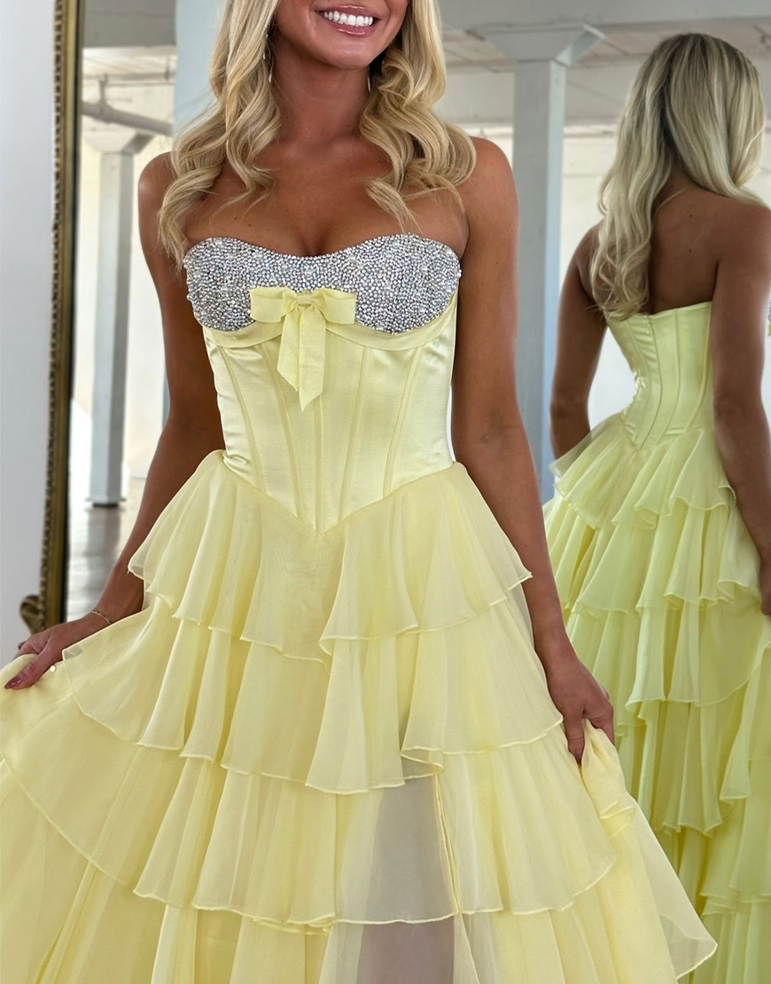 Sparkly Mint Corset Ruffled Long Sequins Tiered Prom Dress with Slit