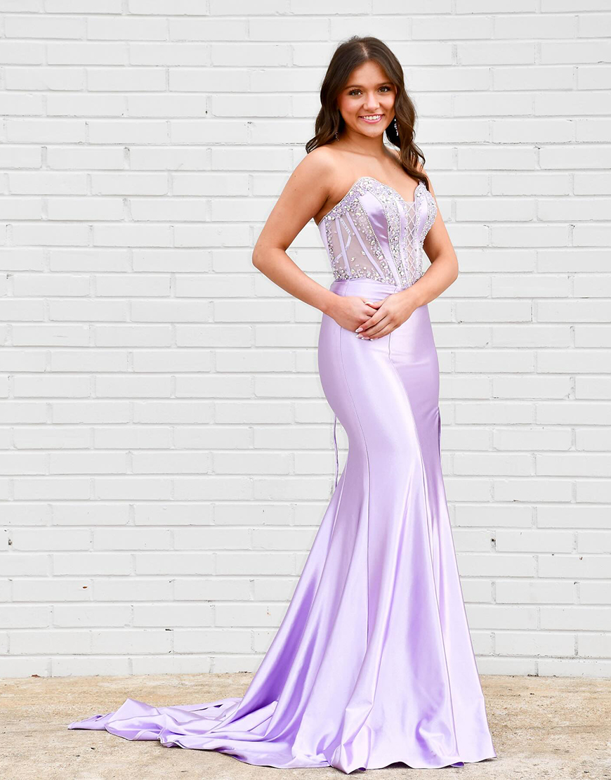 Sparkly Lilac Mermaid Corset Satin Long Prom Dress with Rhinestones