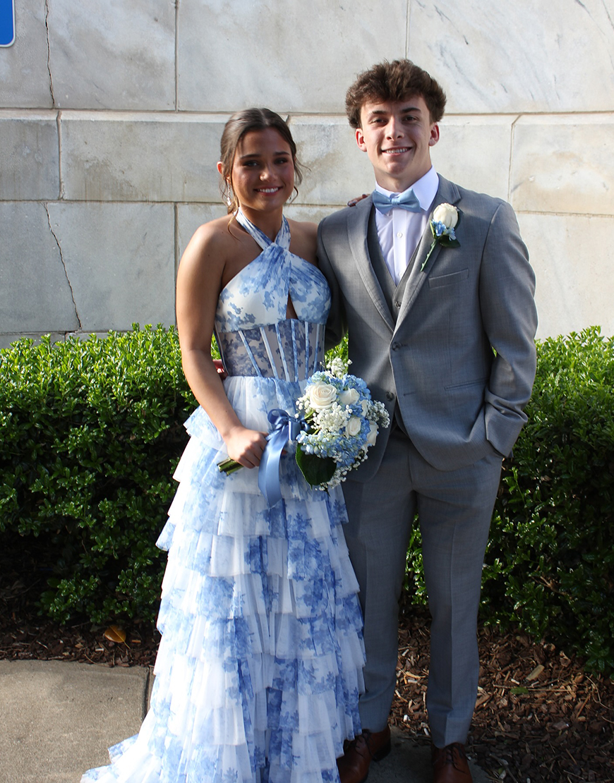 White Blue Flower Halter Corset Long Tiered Prom Dress with Ruffles