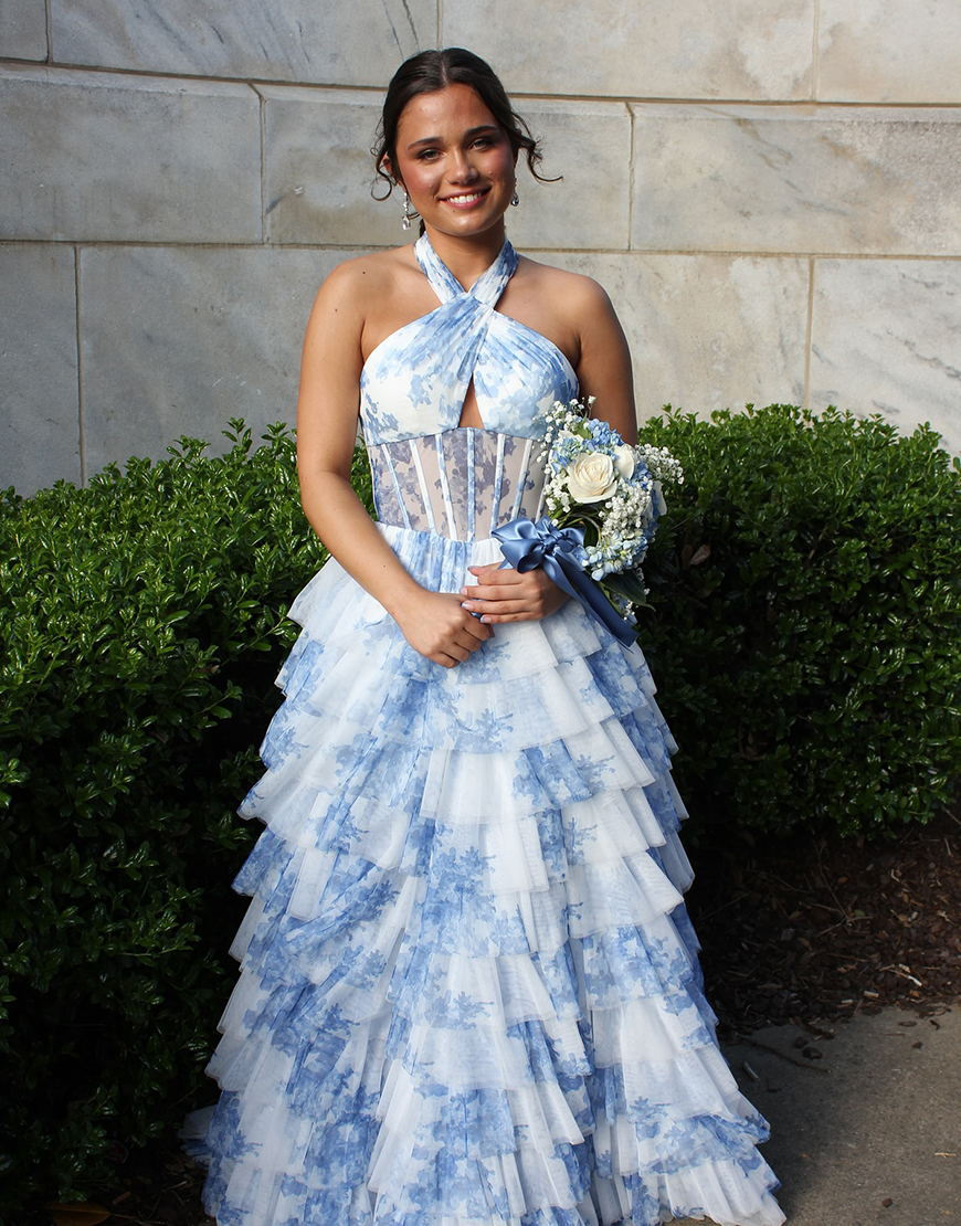 White Blue Flower Halter Corset Long Tiered Prom Dress with Ruffles