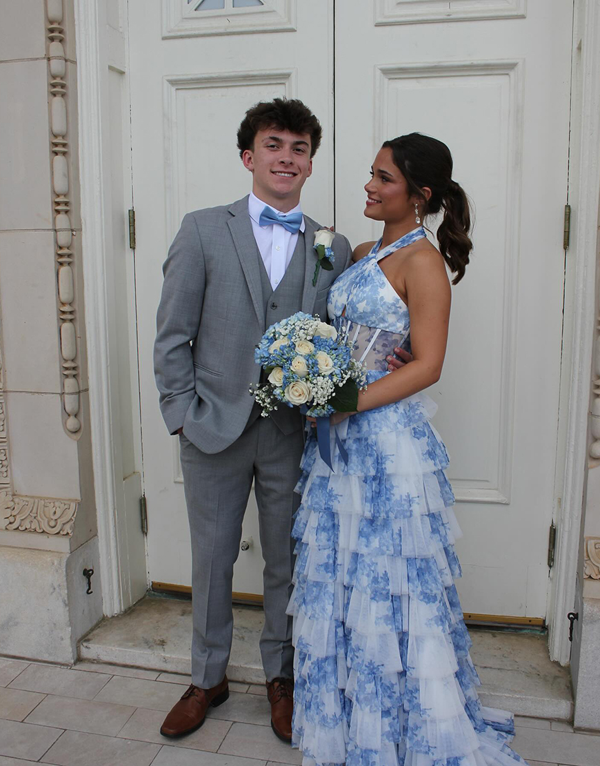 White Blue Flower Halter Corset Long Tiered Prom Dress with Ruffles