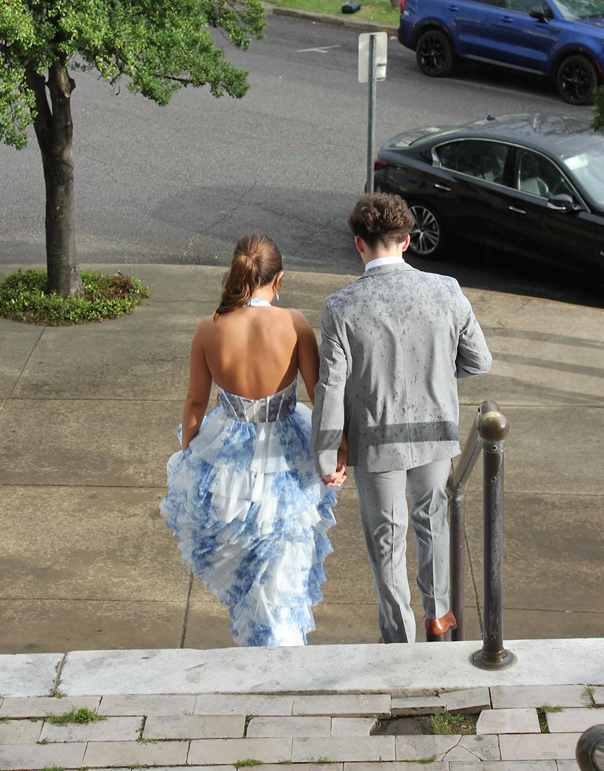 White Blue Flower Halter Corset Long Tiered Prom Dress with Ruffles