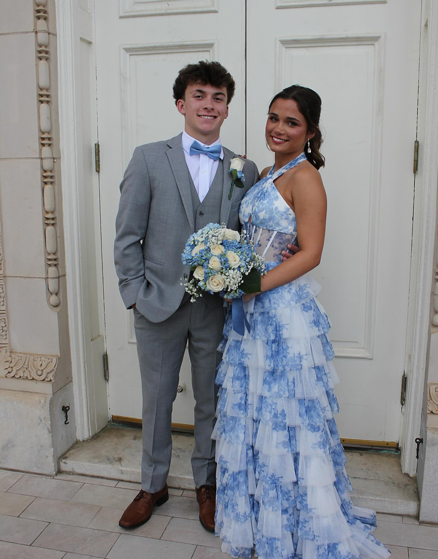 White Blue Flower Halter Corset Long Tiered Prom Dress with Ruffles