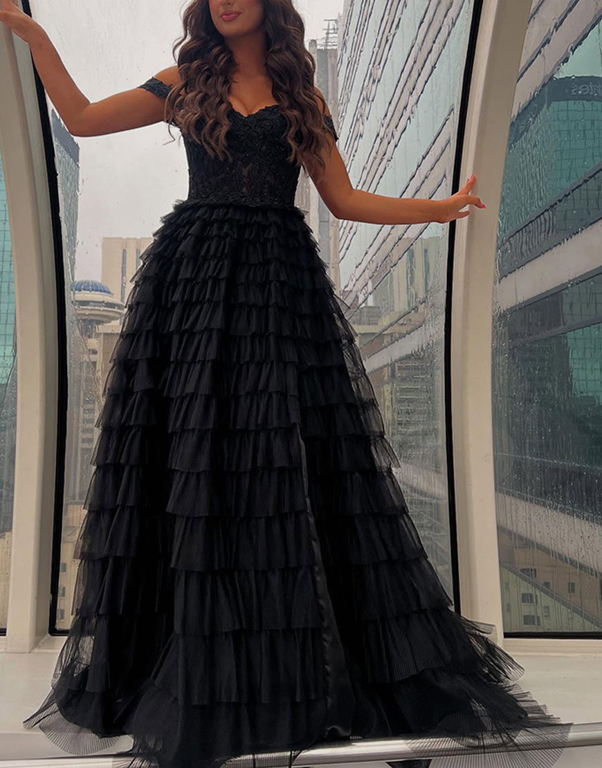 Sparkly Yellow Off the Shoulder Ruffled Corset Long Prom Dress with Slit