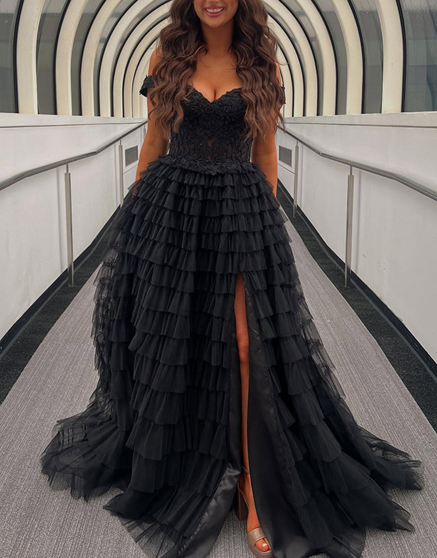 Sparkly Yellow Off the Shoulder Ruffled Corset Long Prom Dress with Slit