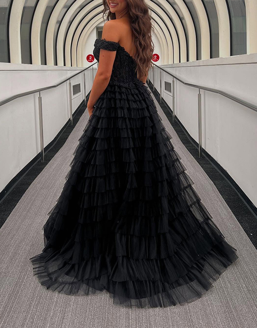 Sparkly Yellow Off the Shoulder Ruffled Corset Long Prom Dress with Slit