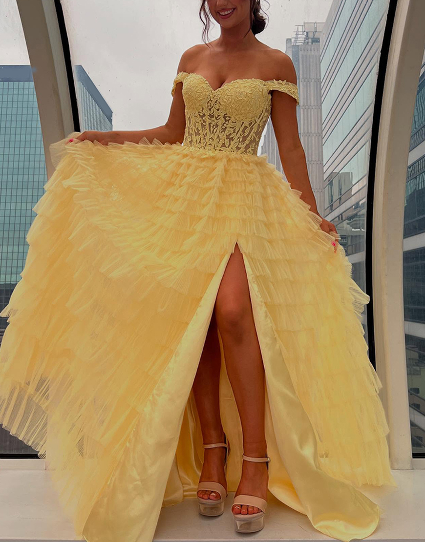 Sparkly Yellow Off the Shoulder Ruffled Corset Long Prom Dress with Slit