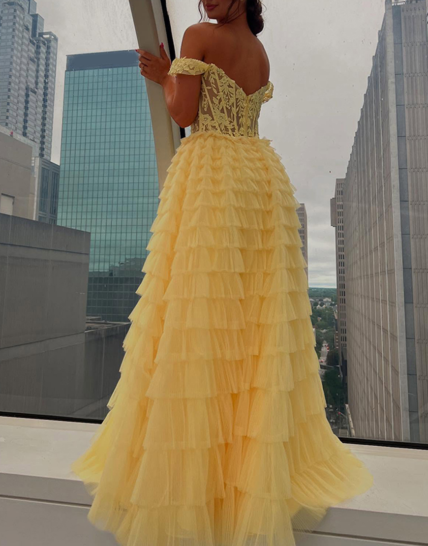 Sparkly Yellow Off the Shoulder Ruffled Corset Long Prom Dress with Slit