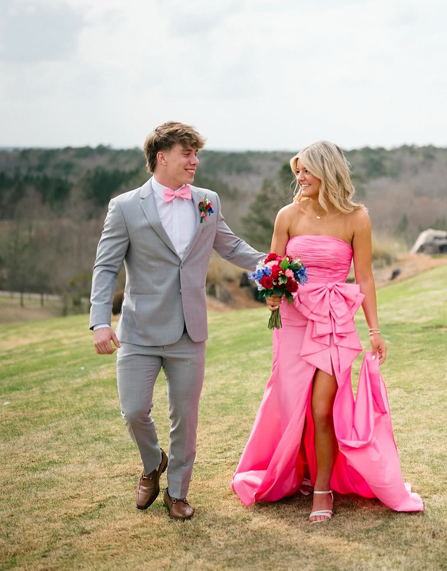 Pink Mermaid Strapless Long Ruched Prom Dress with Bow