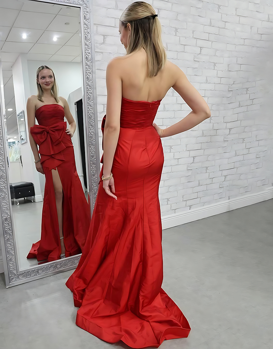 Pink Mermaid Strapless Long Ruched Prom Dress with Bow