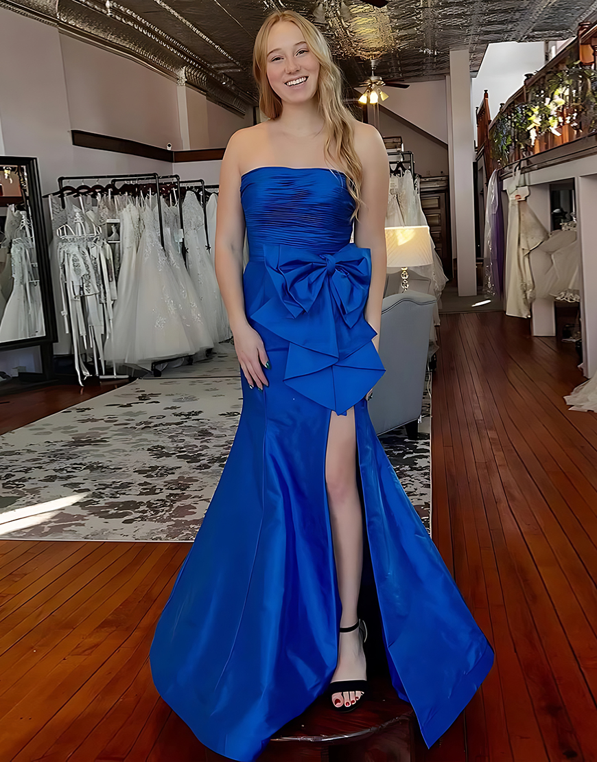 Pink Mermaid Strapless Long Ruched Prom Dress with Bow