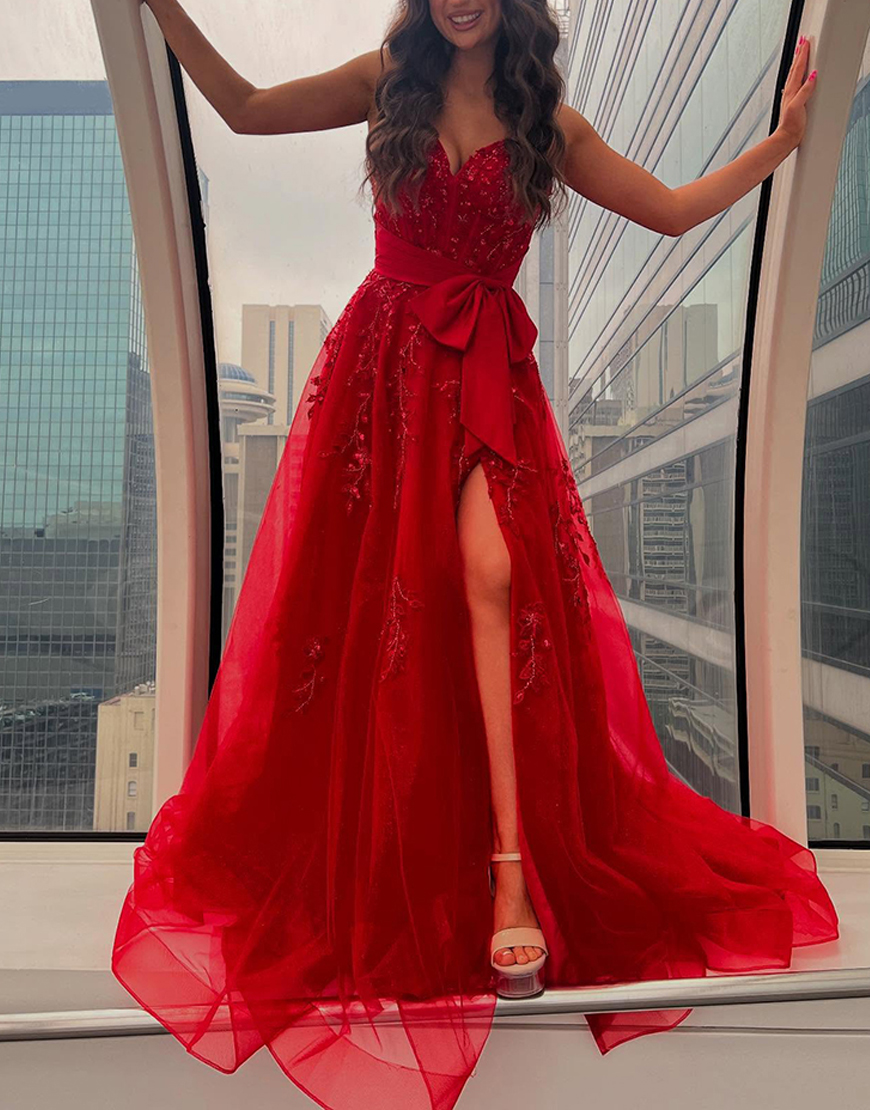 Sparkly Red Corset A Line Beaded Long Prom Dress with Bow