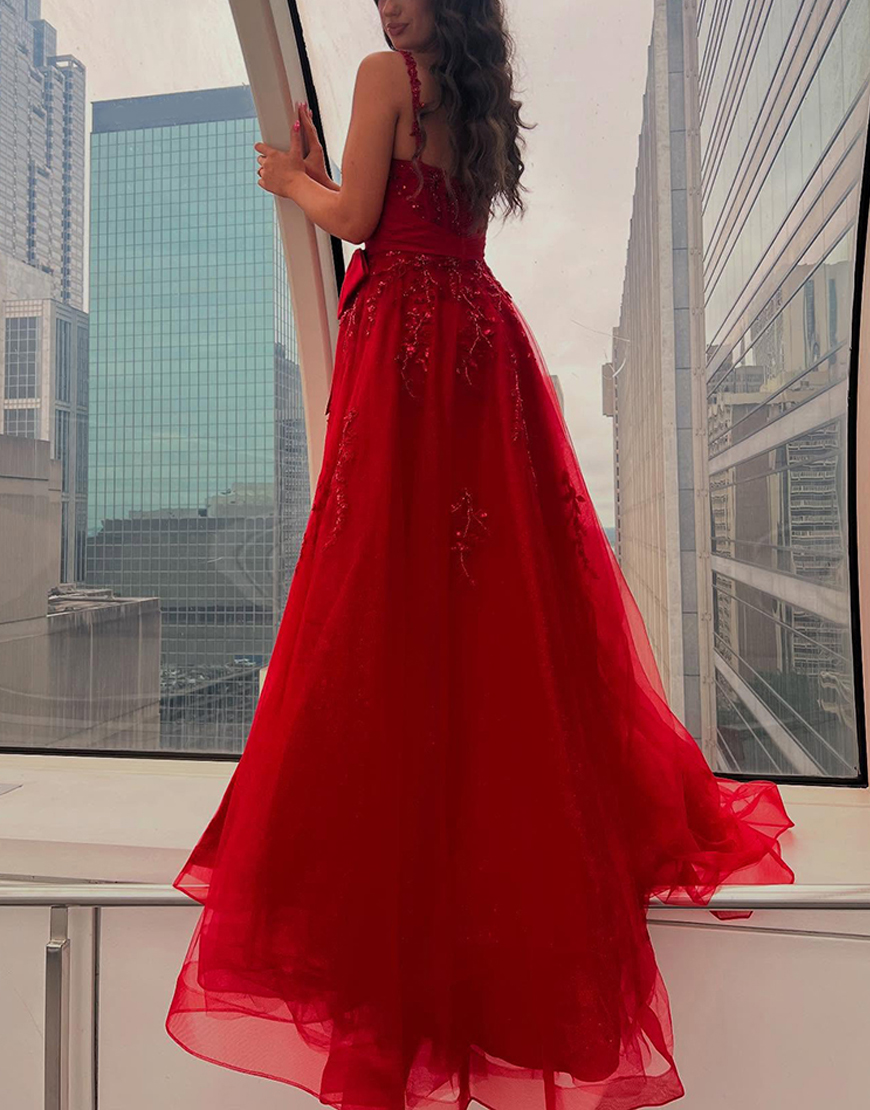 Sparkly Red Corset A Line Beaded Long Prom Dress with Bow