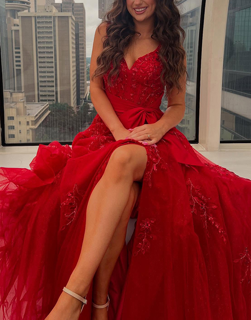 Sparkly Red Corset A Line Beaded Long Prom Dress with Bow
