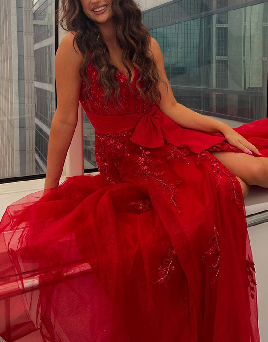 Sparkly Red Corset A Line Beaded Long Prom Dress with Bow