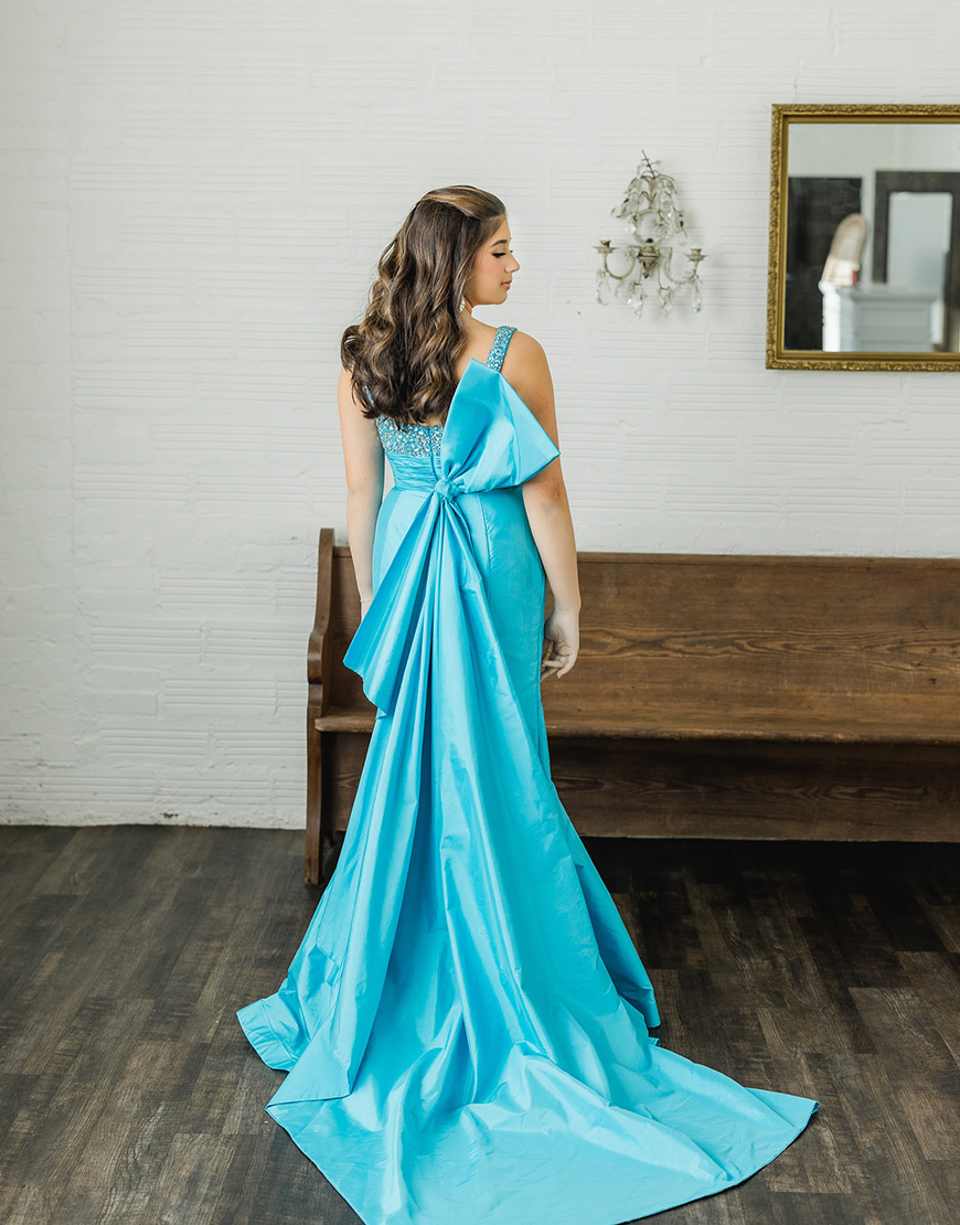 Sparkly Peacock Blue Mermaid Beaded Long Prom Dress with Bow