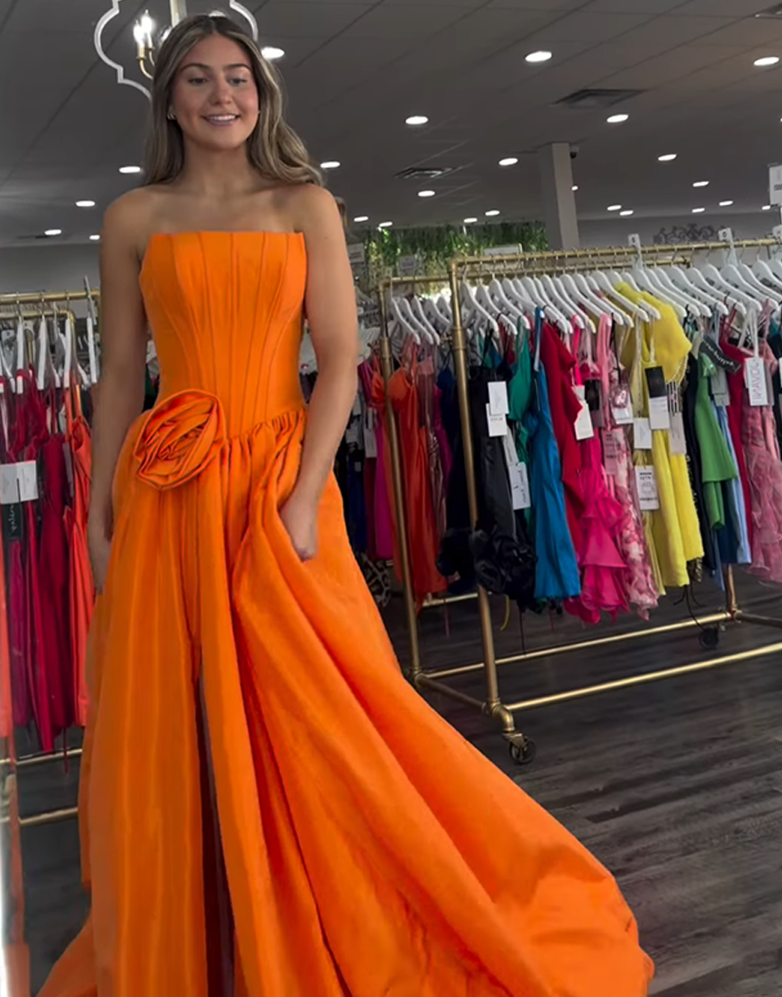 Floral Orange Strapless A Line Corset Long Prom Dress