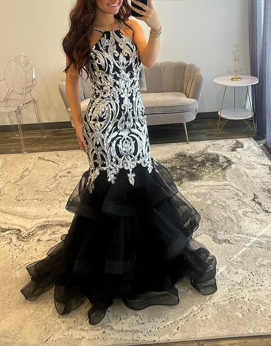 Black Mermaid Halter Appliqued Long Prom Dress