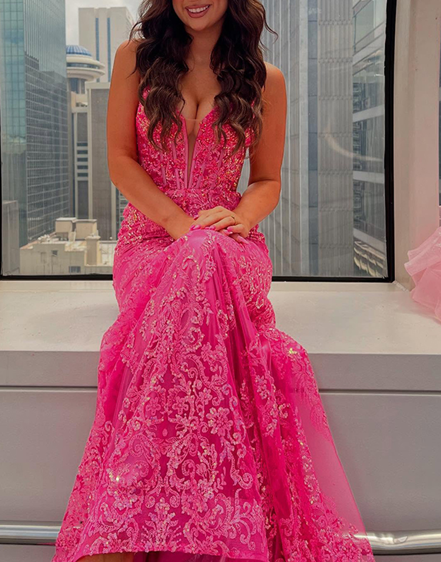 Sparkly Fuchsia Corset Mermaid Lace Long Prom Dress