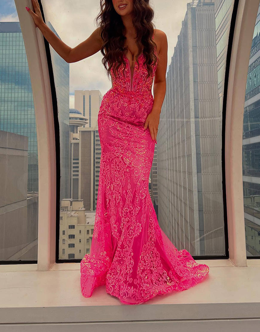 Sparkly Fuchsia Corset Mermaid Lace Long Prom Dress