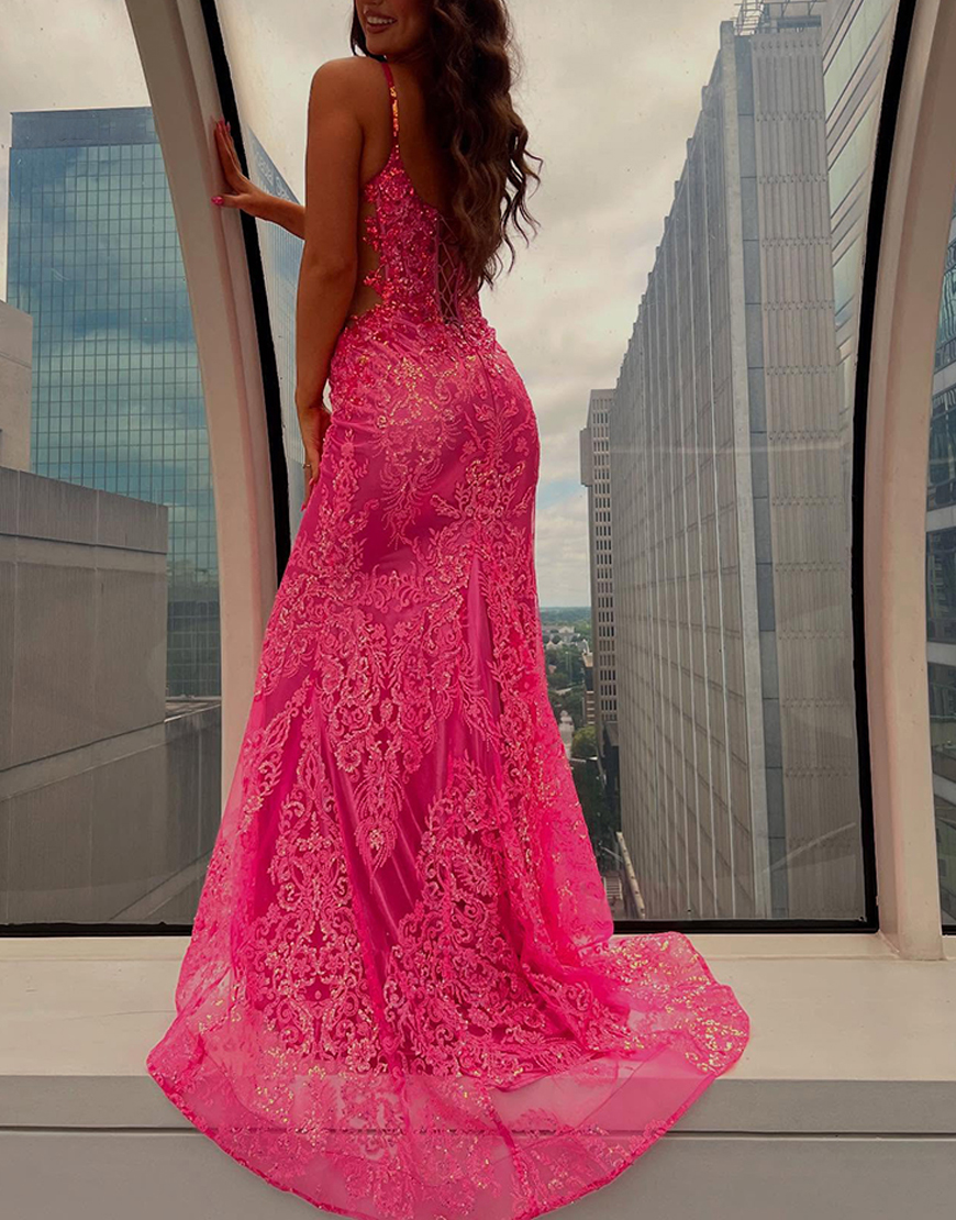 Sparkly Fuchsia Corset Mermaid Lace Long Prom Dress