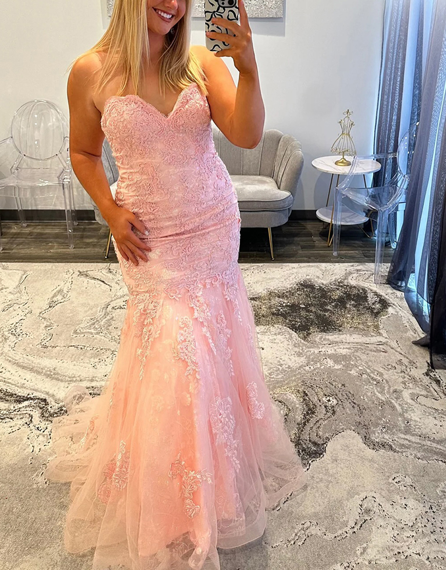 Pink Mermaid Lace Sweetheart Long Prom Dress