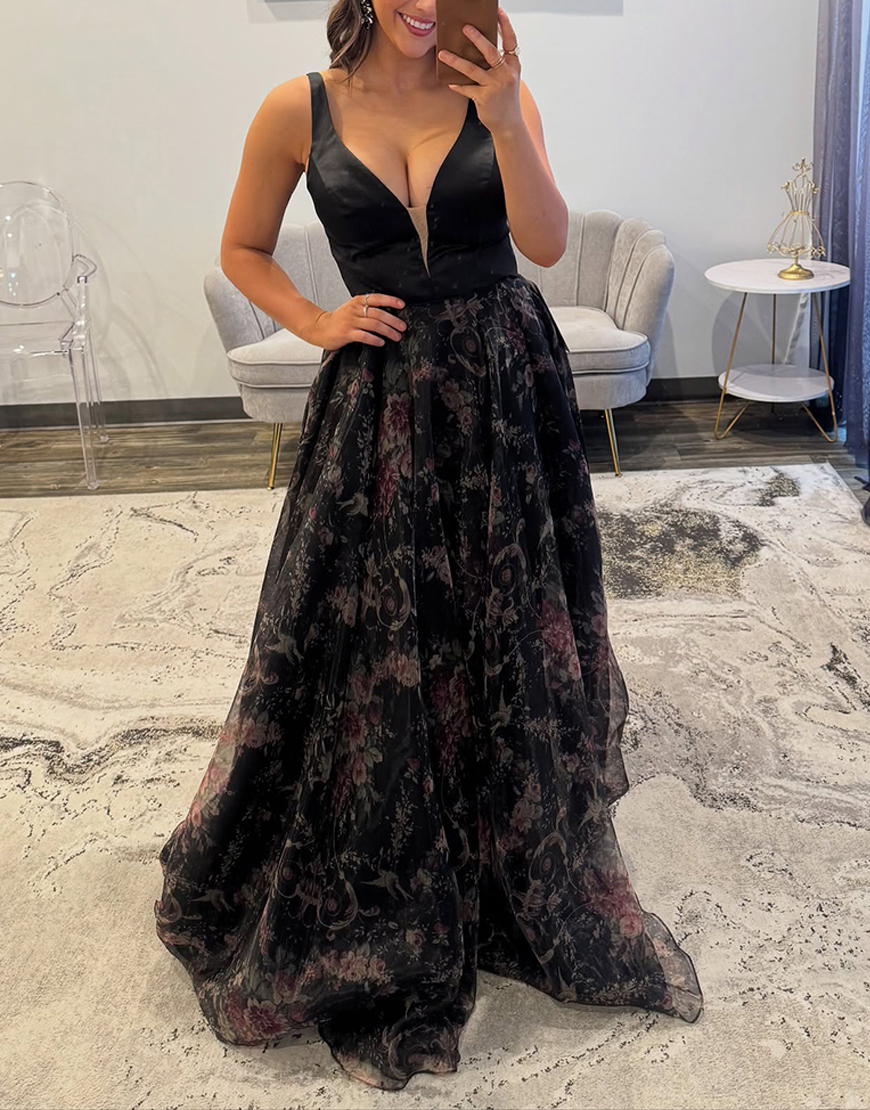 Black Floral A Line V-Neck Long Prom Dress