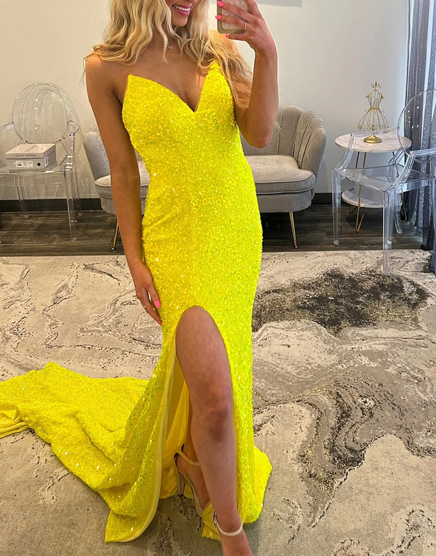 Sparkly Yellow Mermaid Sequin Strapless Long Prom Dress with Slit