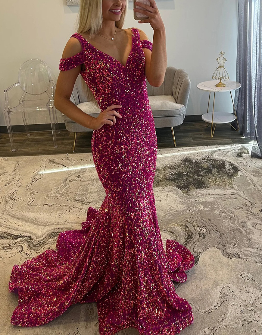 Sparkly Fuchsia Mermaid Sequin Cold Shoulder Long Prom Dress