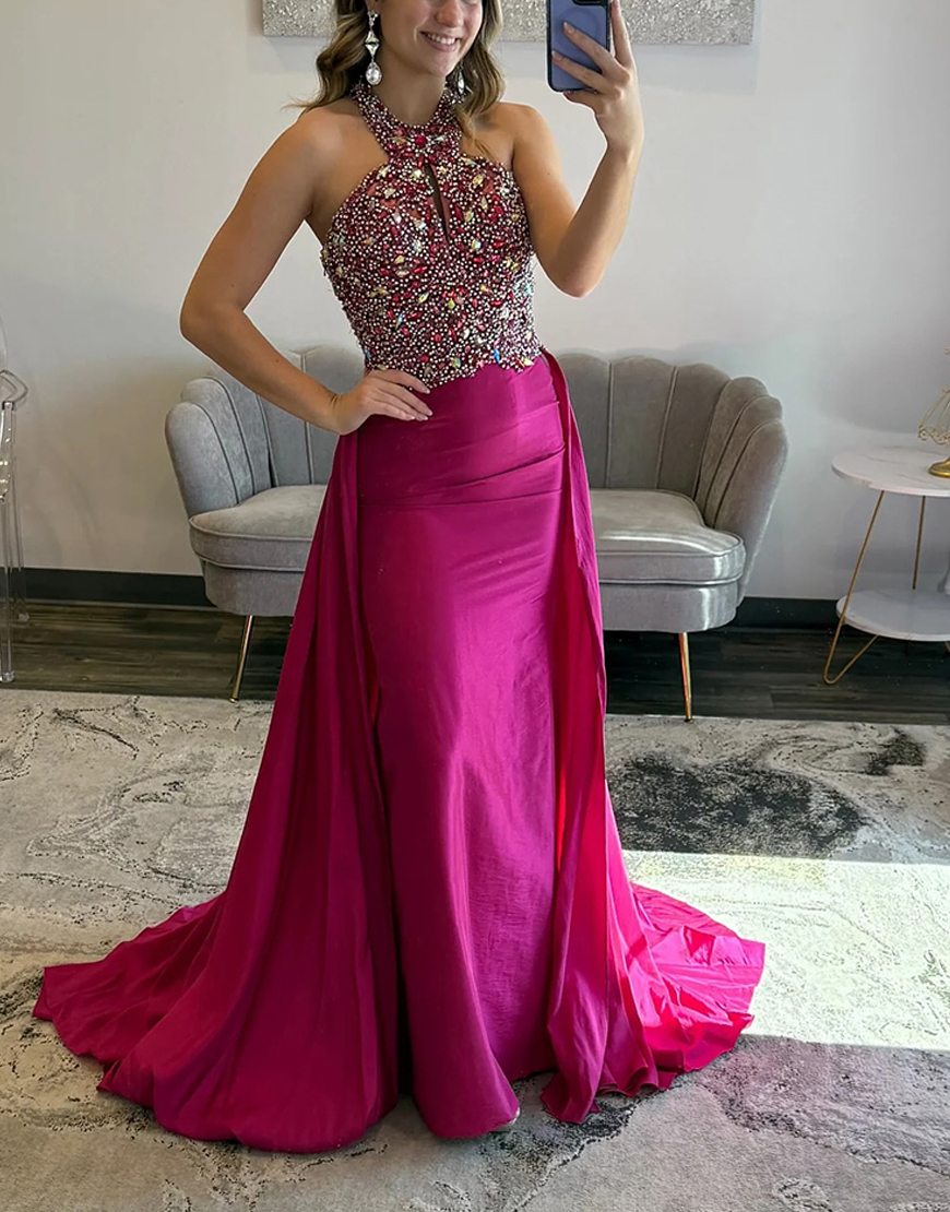 Sparkly Fuchsia Mermaid Beaded Long Halter Prom Dress with Cape