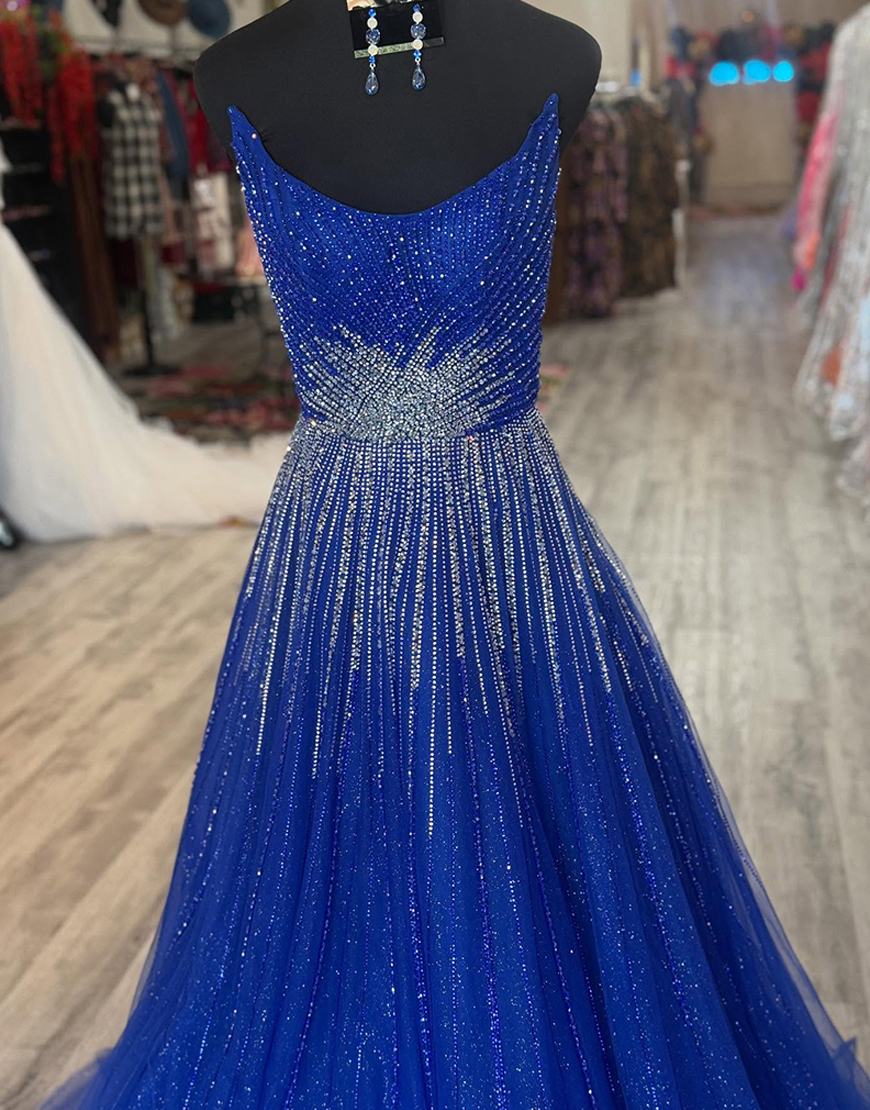 Sparkly Royal Blue Strapless Long A Line Prom Dress with Beading