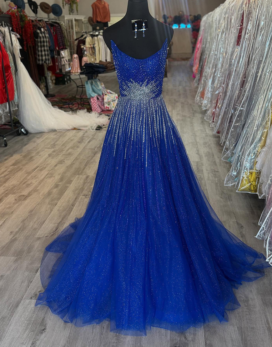Sparkly Royal Blue Strapless Long A Line Prom Dress with Beading