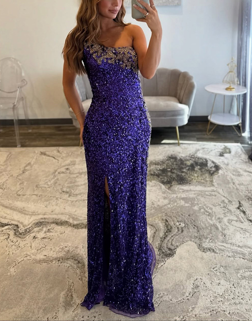 Sparkly Purple Mermaid One Shoulder Long Sequins Prom Dress with Slit