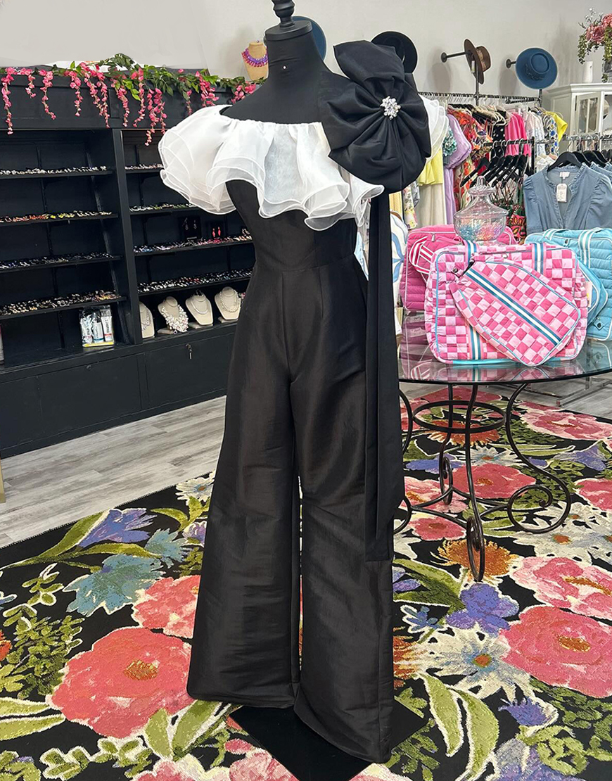 Black Boat Neck Long Ruffled Prom Jumpsuits with Bow